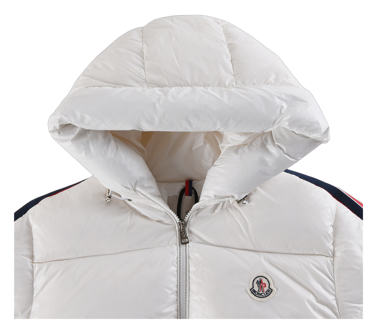 Moncler Tricolour Sleeve-Stripe Hooded Puffer – White, Premium Down