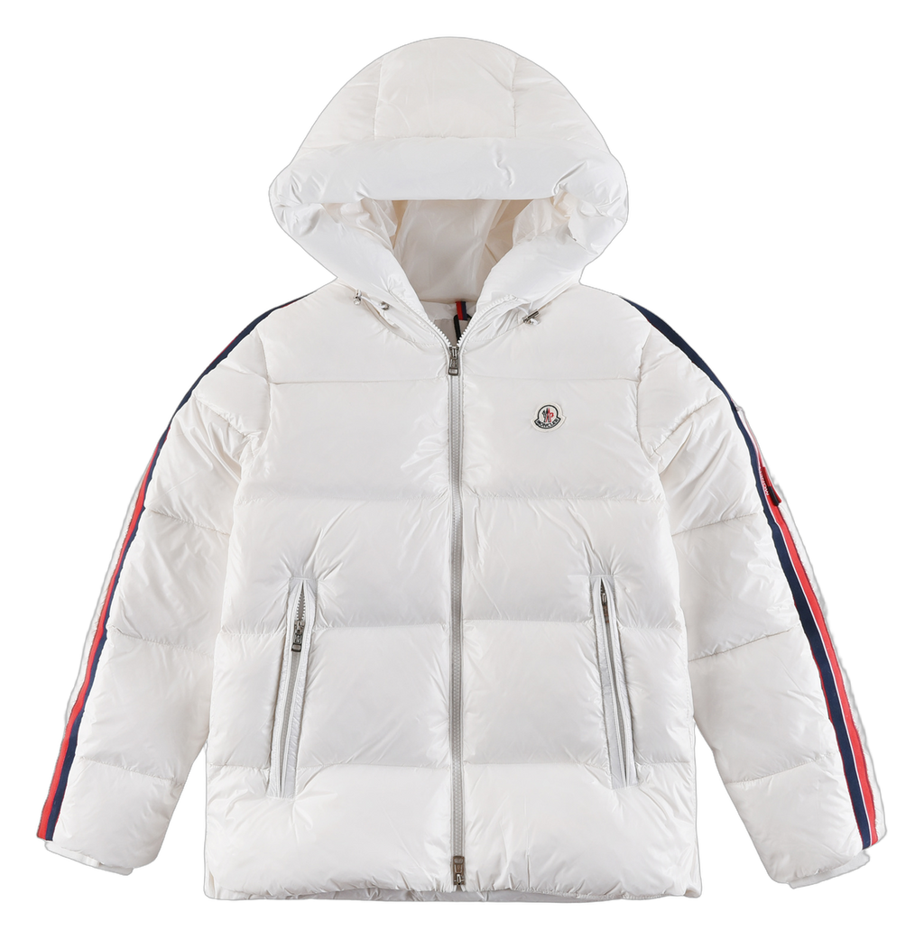 Moncler Tricolour Sleeve-Stripe Hooded Puffer – White, Premium Down