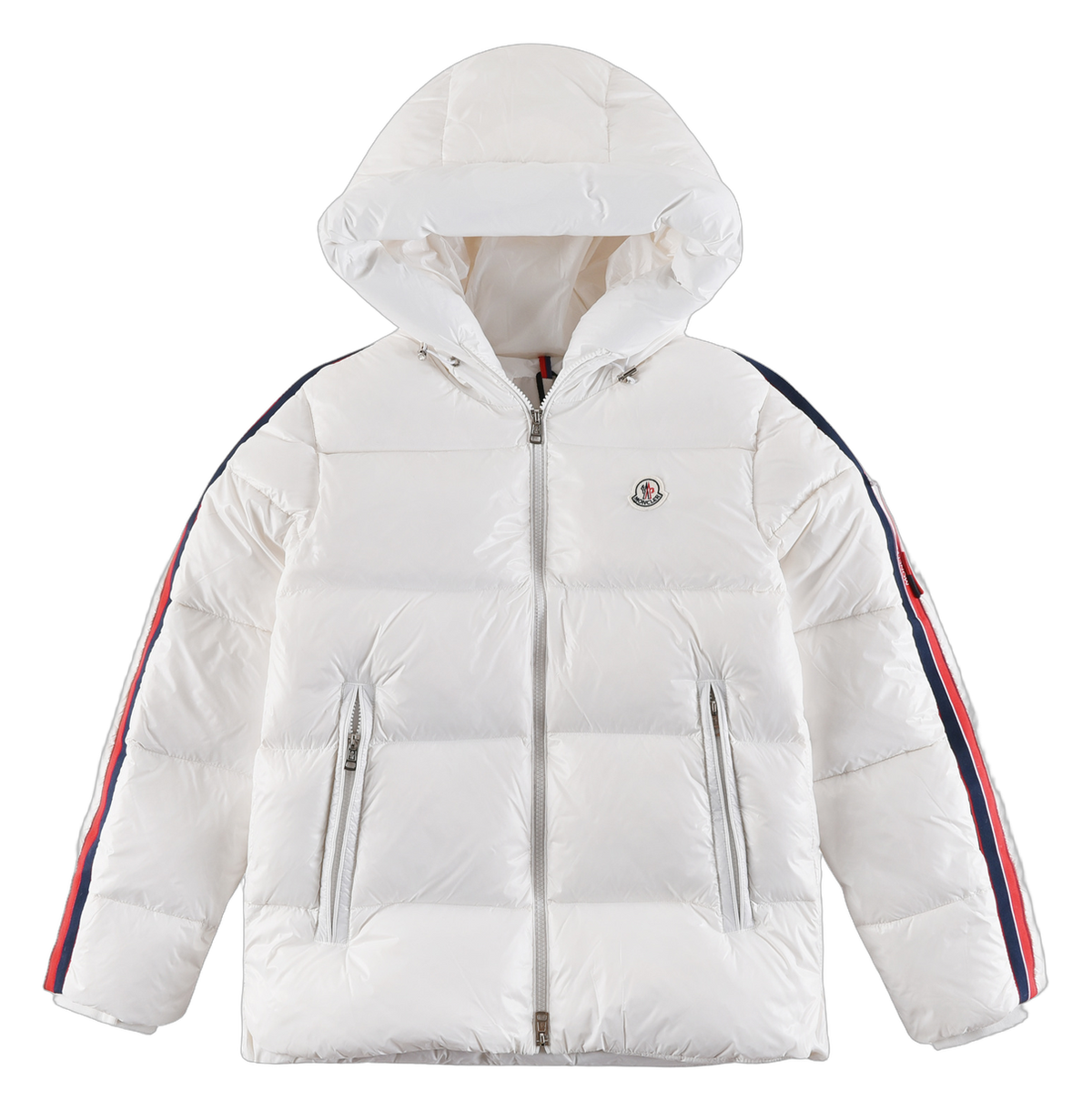 Moncler Tricolour Sleeve-Stripe Hooded Puffer – White, Premium Down
