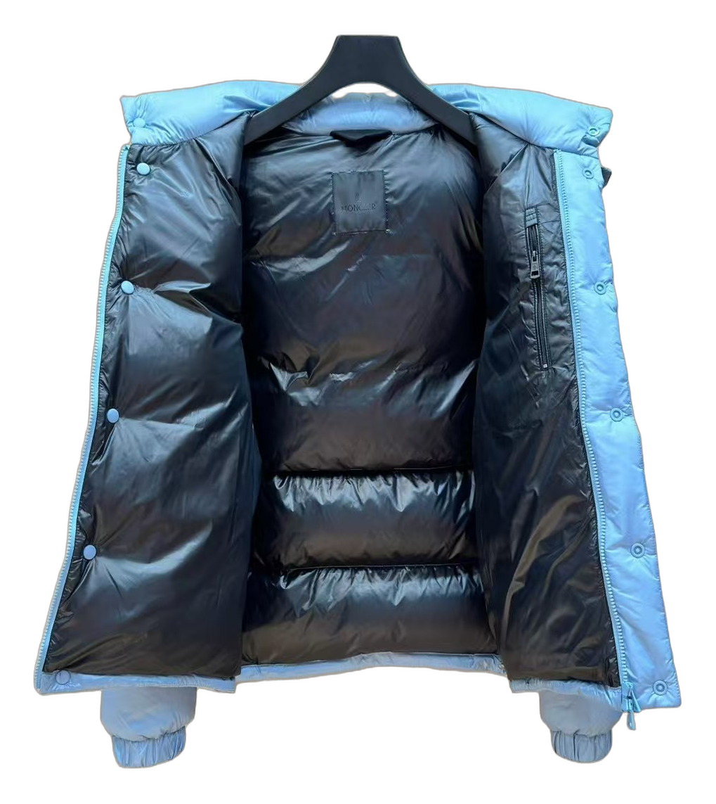Moncler Orange-Badge Hooded Puffer – Ice Blue, Premium Down