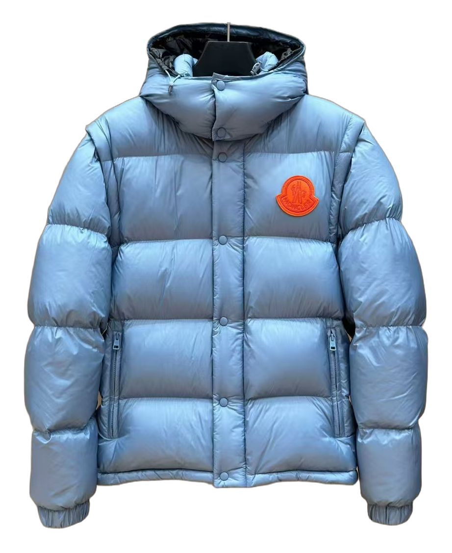 Moncler Orange-Badge Hooded Puffer – Ice Blue, Premium Down