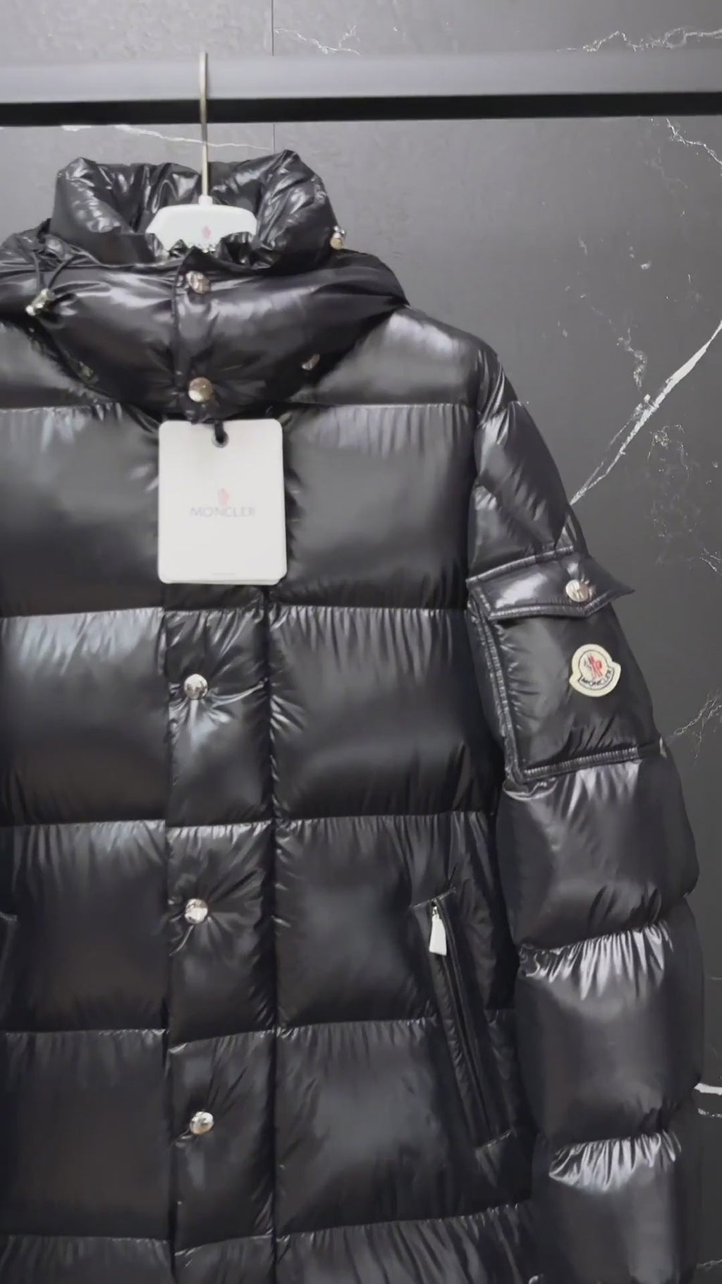 Moncler Hanoverian Glossy Hooded Long Puffer Coat – High-Shine, Premium Down