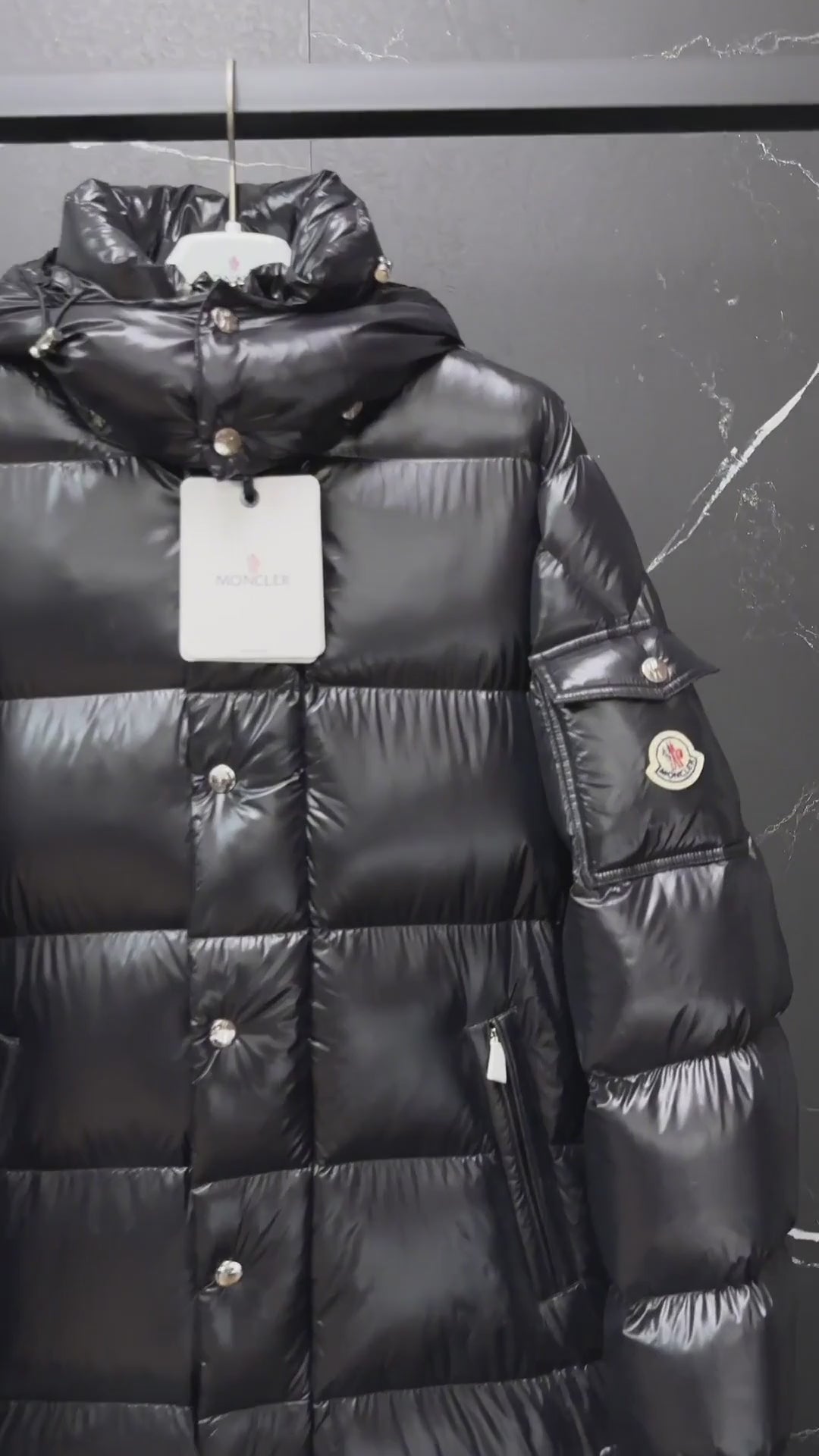 Moncler Hanoverian Glossy Hooded Long Puffer Coat – High-Shine, Premium Down