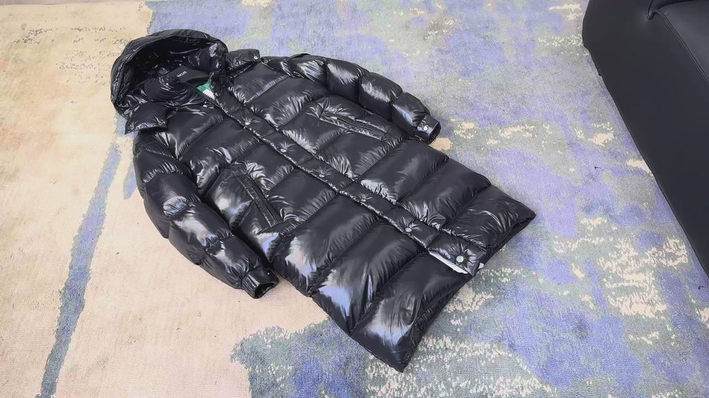 Moncler Hanoverian Glossy Hooded Long Puffer Coat – High-Shine, Premium Down