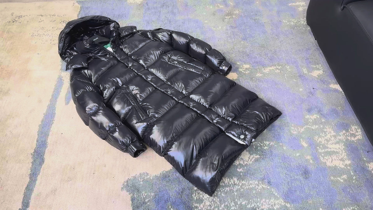 Moncler Hanoverian Glossy Hooded Long Puffer Coat – High-Shine, Premium Down