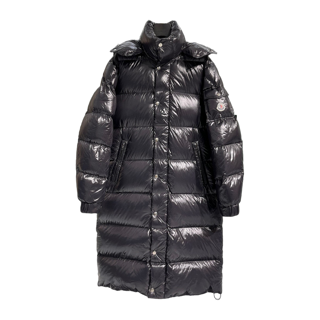 Moncler Hanoverian Glossy Hooded Long Puffer Coat – High-Shine, Premium Down