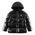 Moncler Tricolour Sleeve-Stripe Glossy Hooded Puffer – High-Sheen, Premium Down