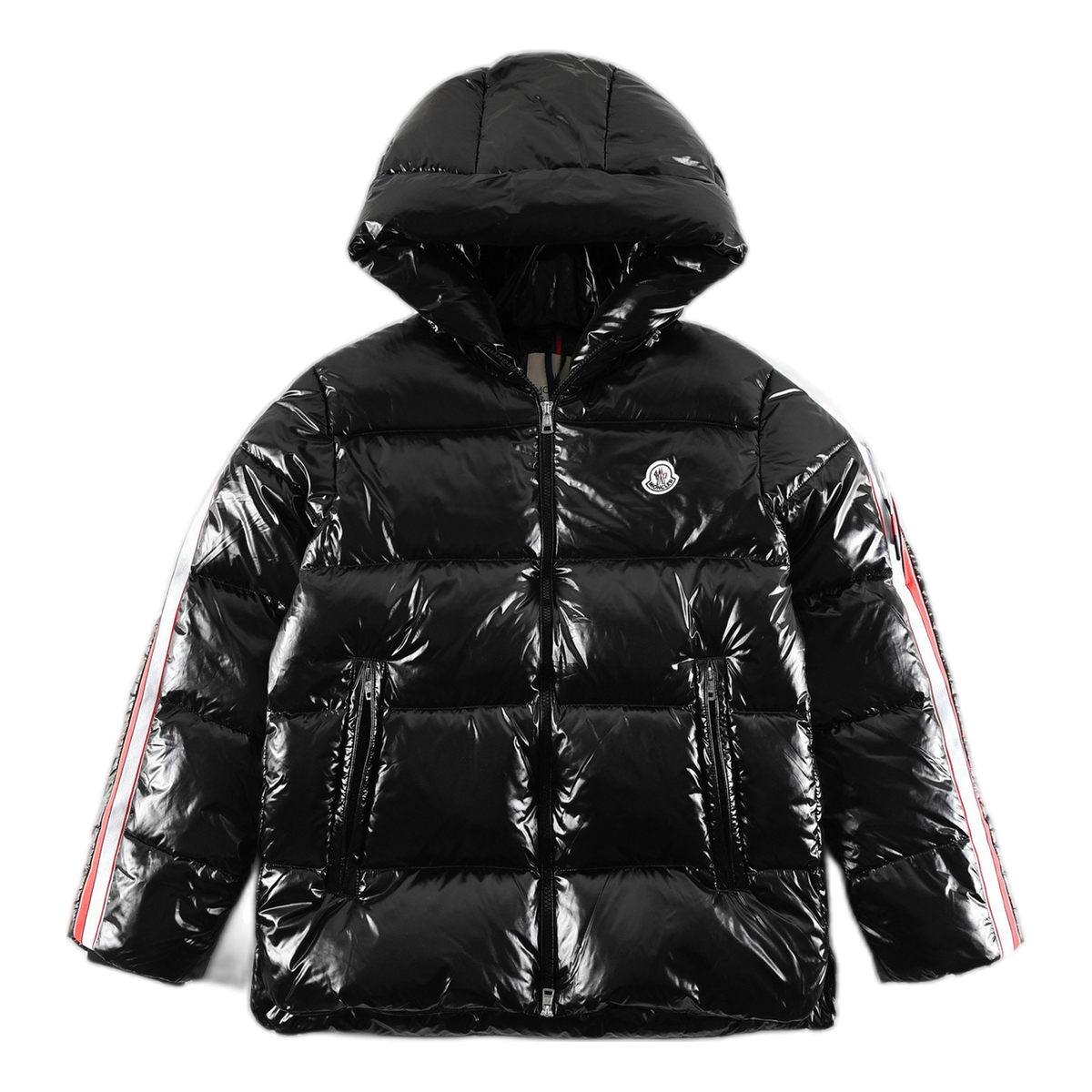 Moncler Tricolour Sleeve-Stripe Glossy Hooded Puffer – High-Sheen, Premium Down