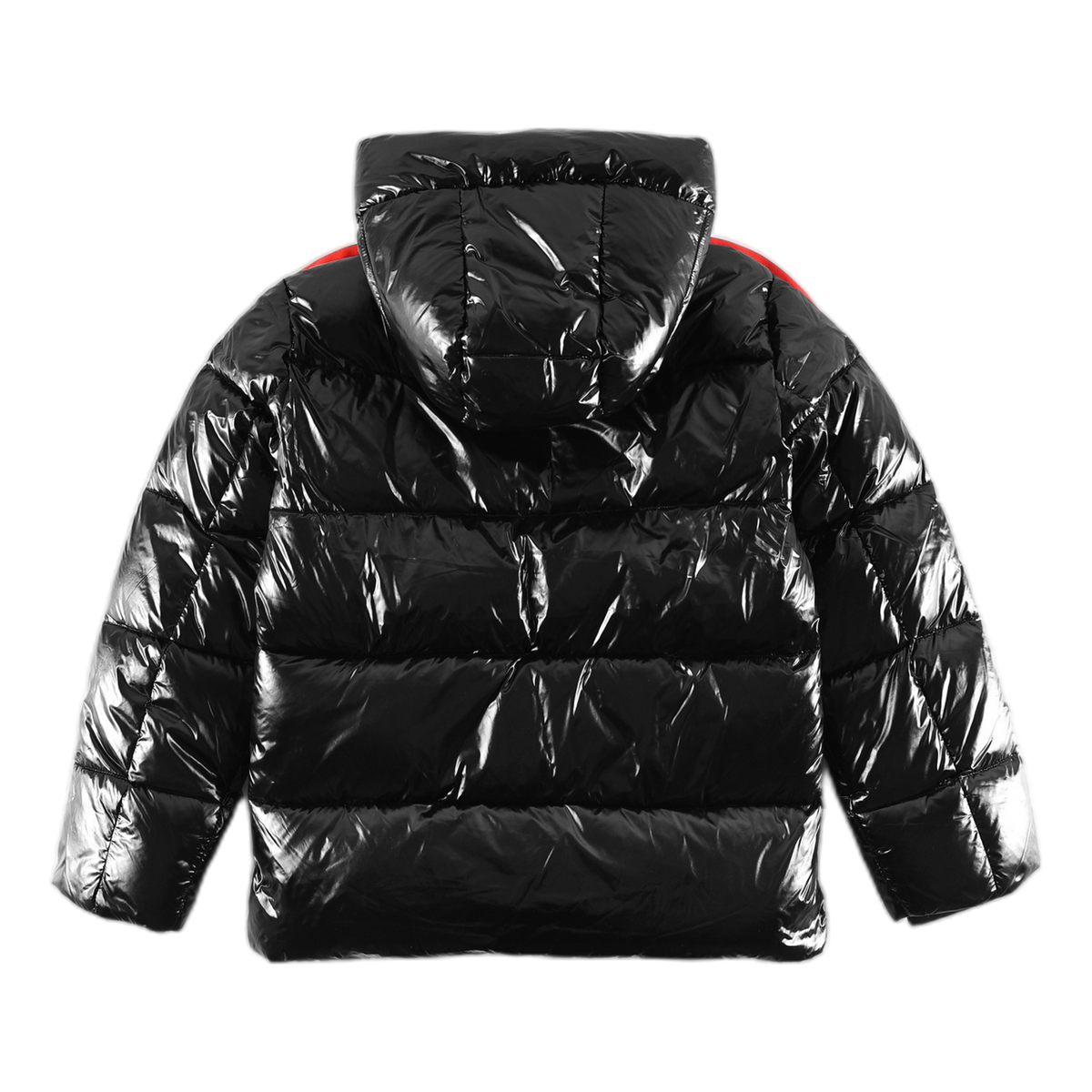 Moncler Tricolour Sleeve-Stripe Glossy Hooded Puffer – High-Sheen, Premium Down