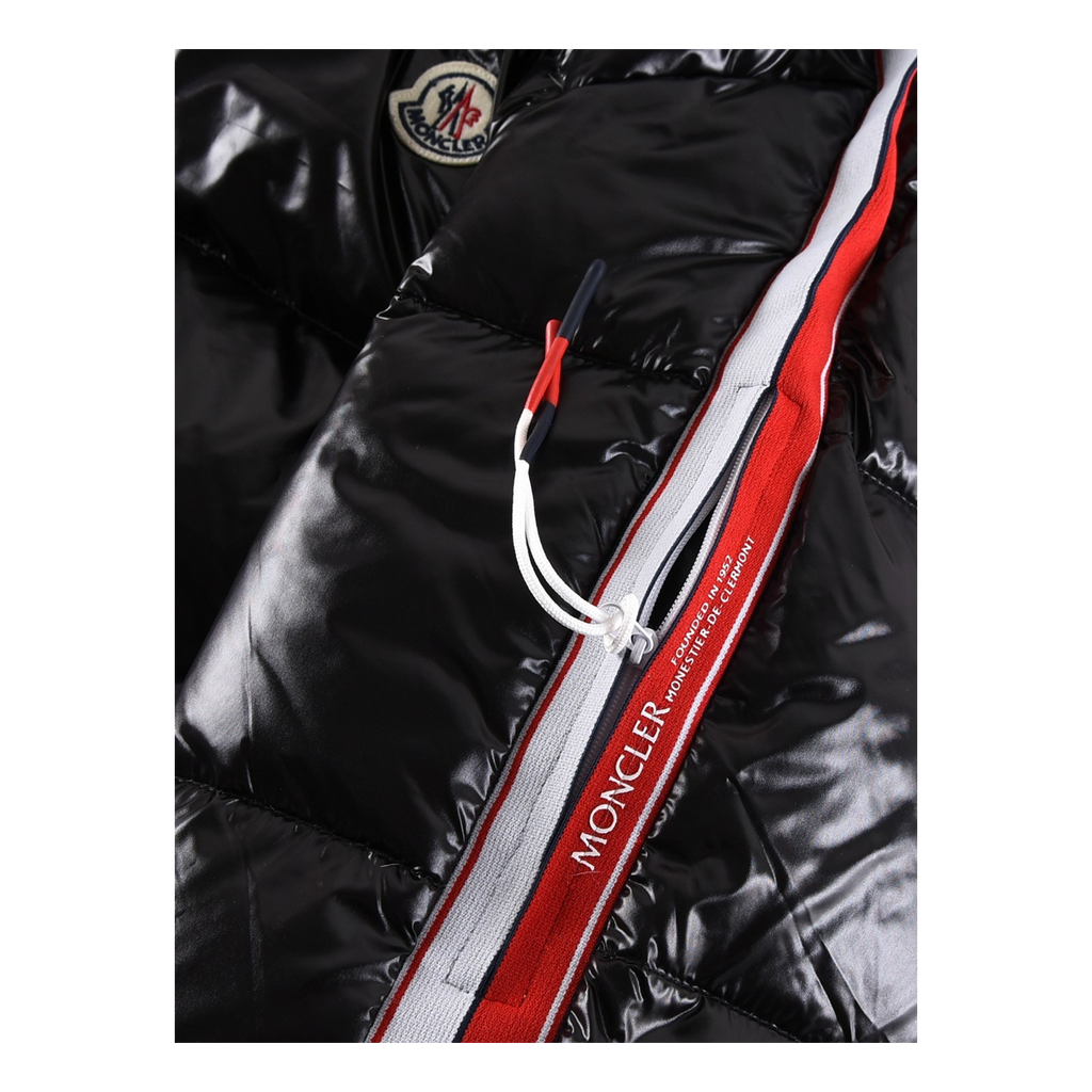 Moncler Tricolour Sleeve-Stripe Glossy Hooded Puffer – High-Sheen, Premium Down