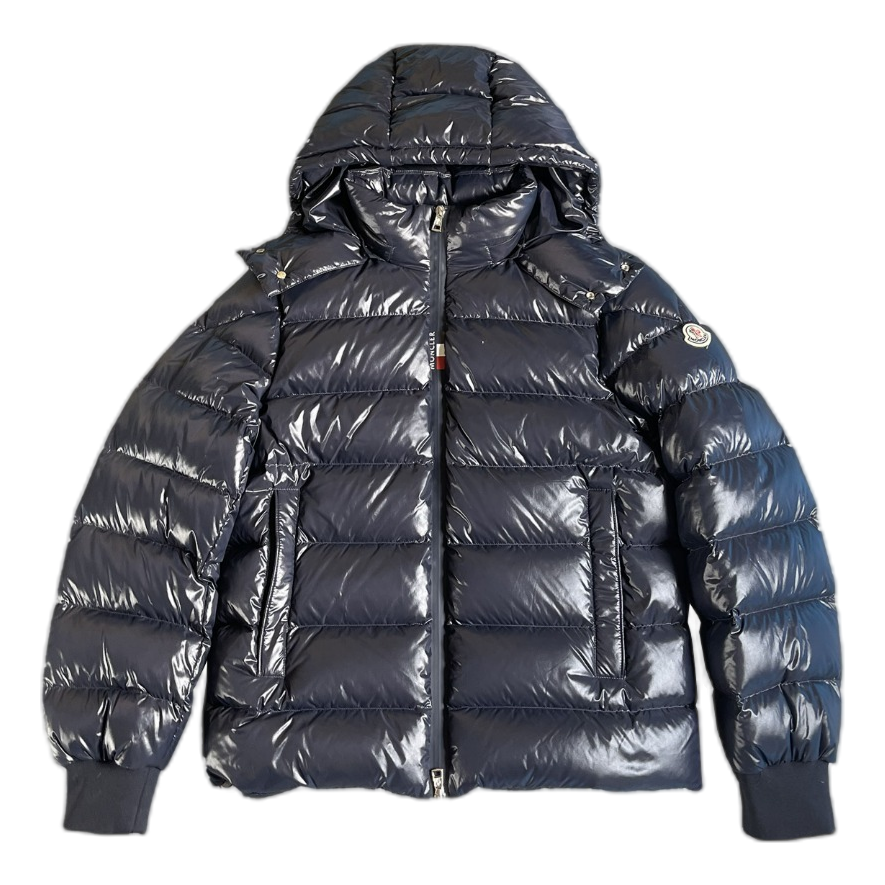 Moncler Glossy Logo-Zip Hooded Puffer Jacket – Navy, Premium Down