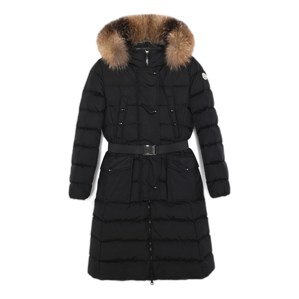 Moncler Khloe Belted Fur-Trim Hooded Long Coat – Black, Premium Down