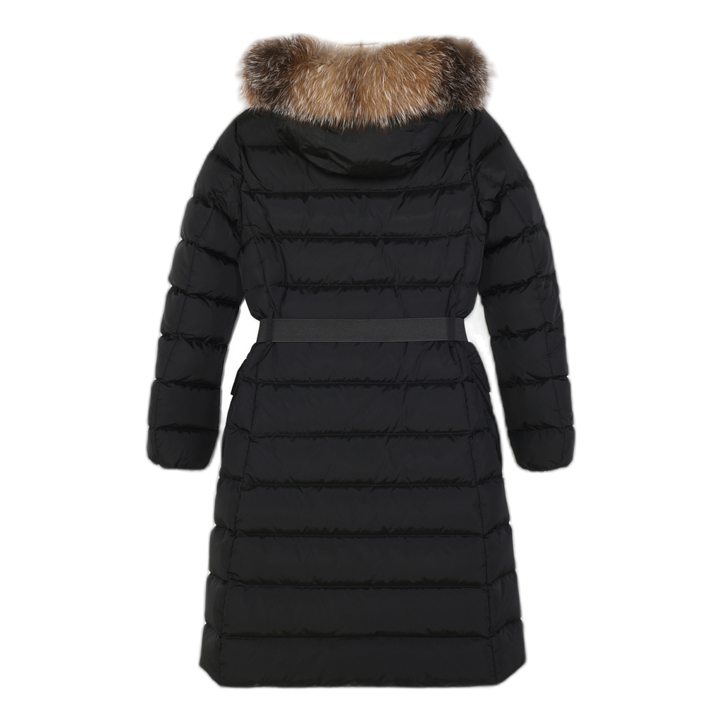 Moncler Khloe Belted Fur-Trim Hooded Long Coat – Black, Premium Down