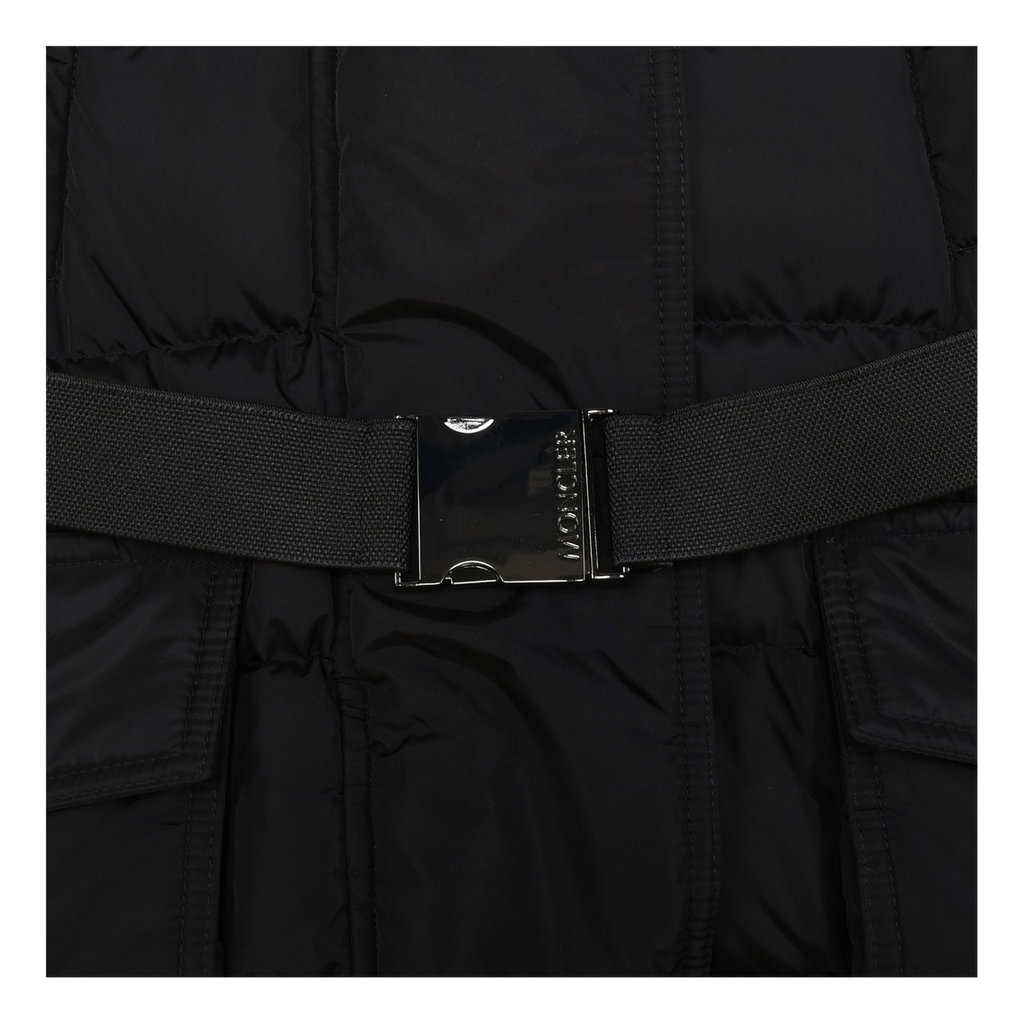Moncler Khloe Belted Fur-Trim Hooded Long Coat – Black, Premium Down