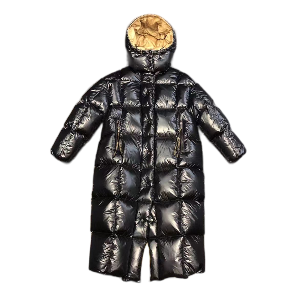 Moncler Gold-Lined Glossy Long Puffer Coat – Black, Gold Interior