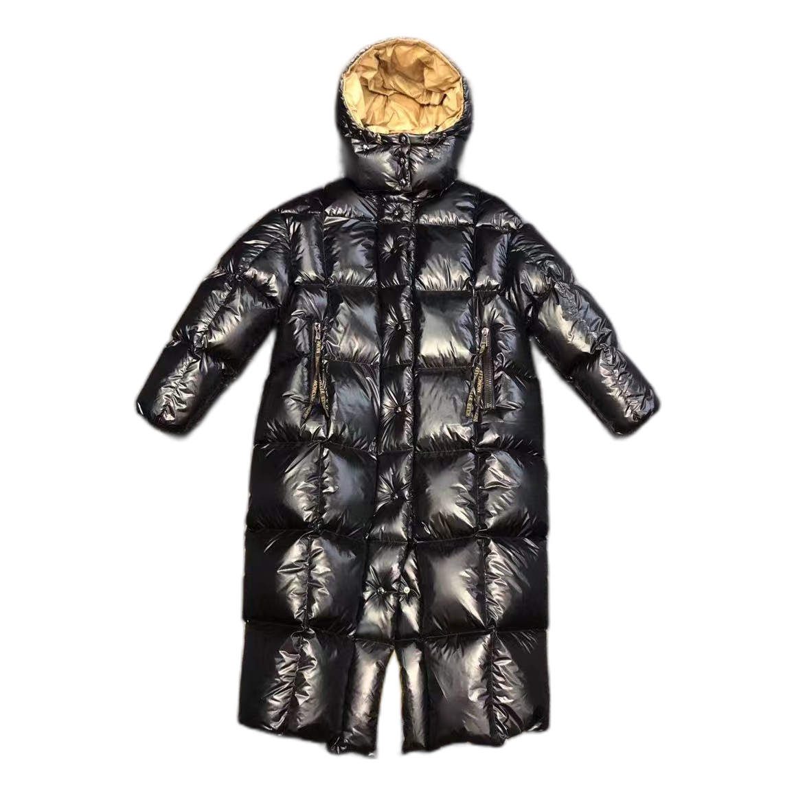 Moncler Gold-Lined Glossy Long Puffer Coat – Black, Gold Interior