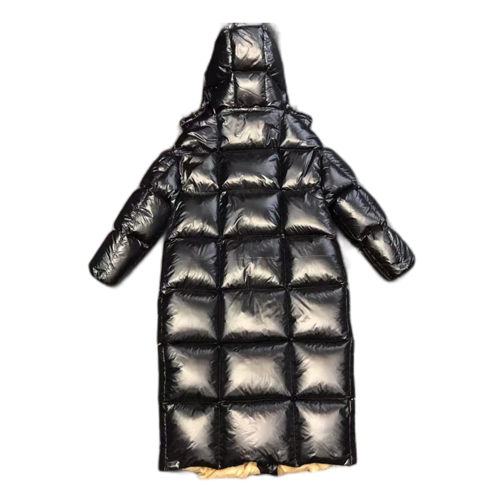 Moncler Gold-Lined Glossy Long Puffer Coat – Black, Gold Interior