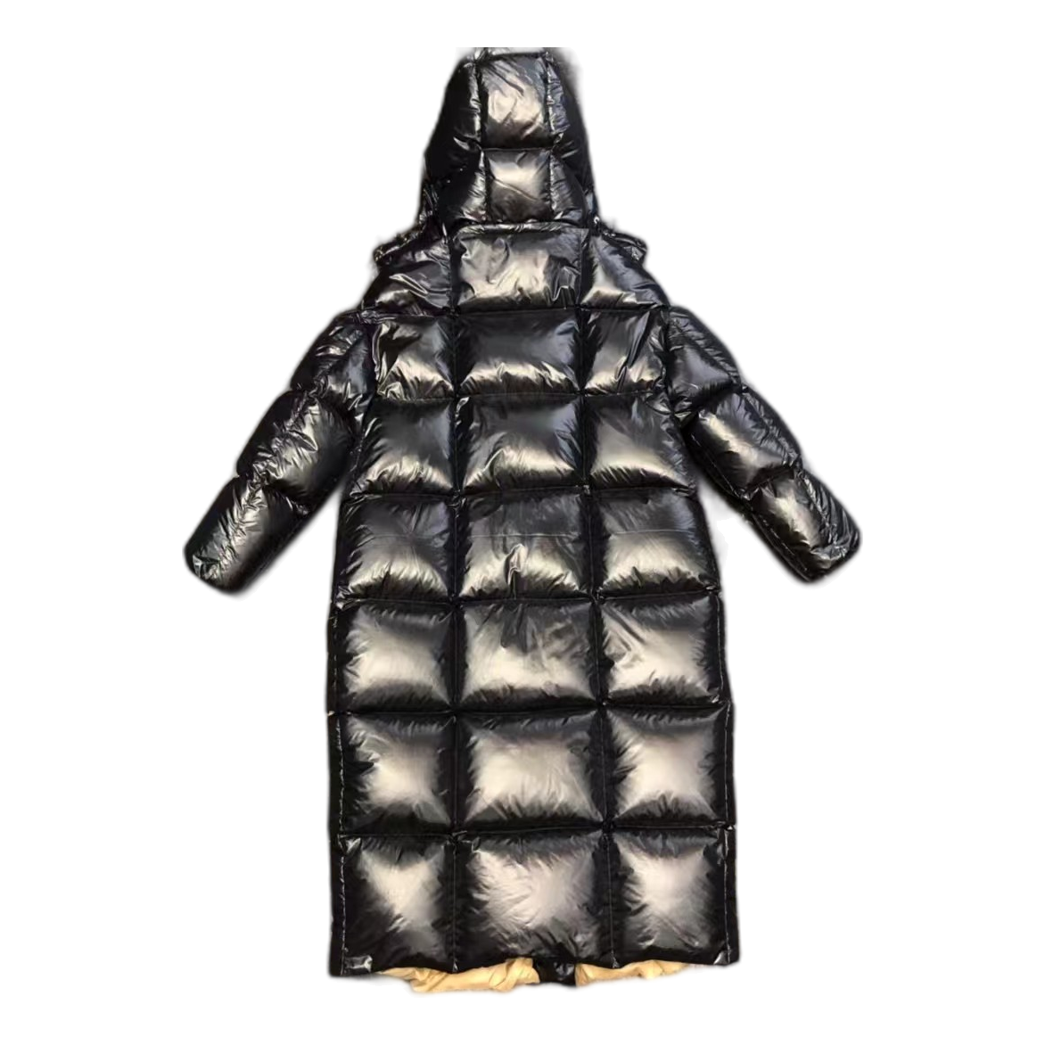 Moncler Gold-Lined Glossy Long Puffer Coat – Black, Gold Interior