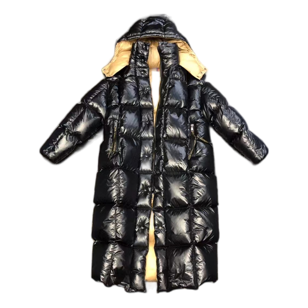 Moncler Gold-Lined Glossy Long Puffer Coat – Black, Gold Interior