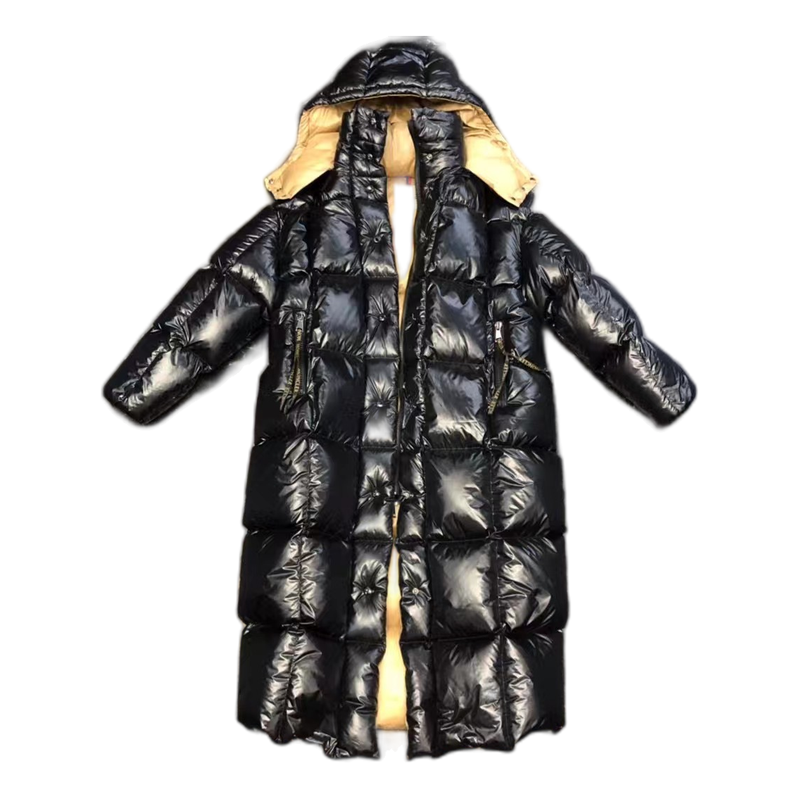 Moncler Gold-Lined Glossy Long Puffer Coat – Black, Gold Interior
