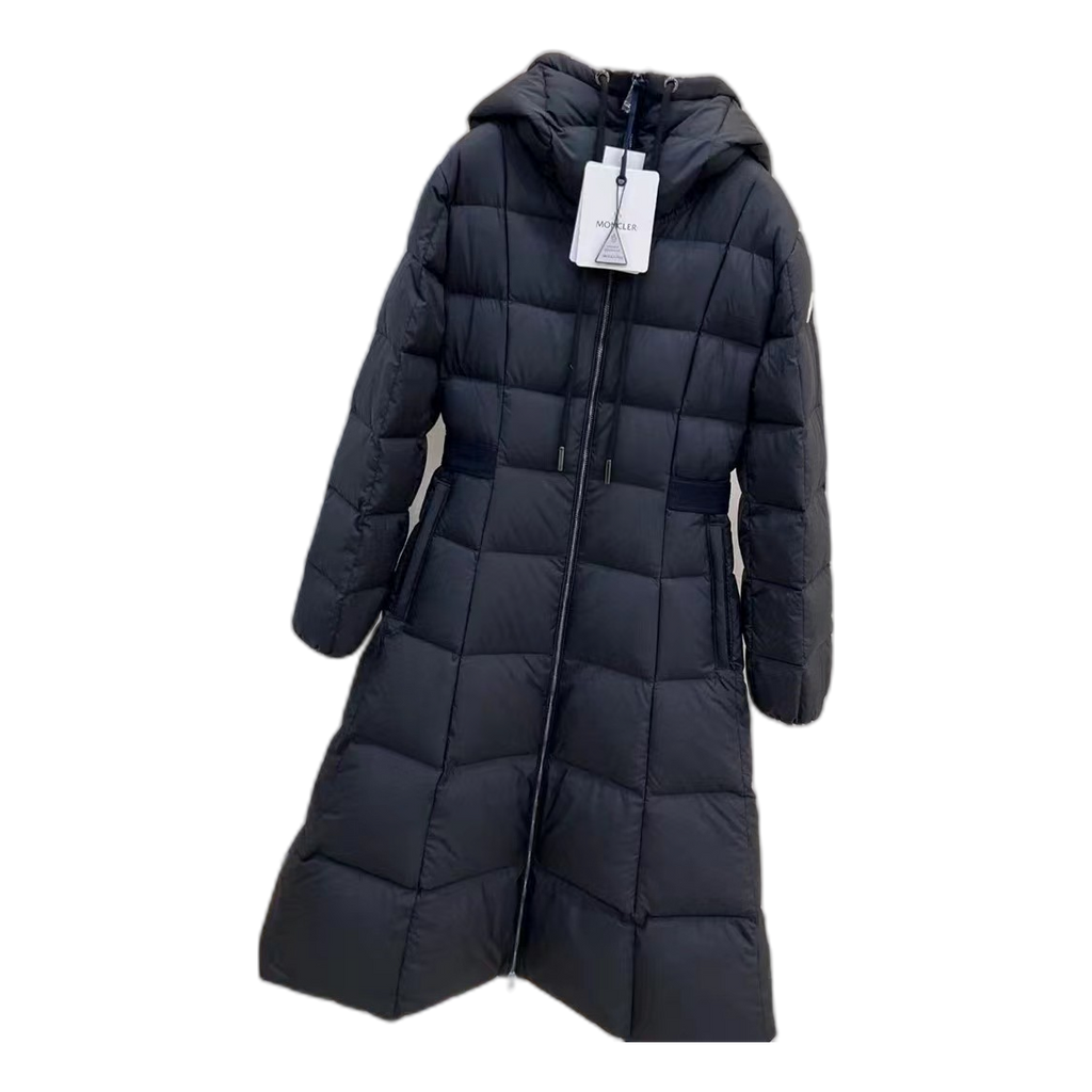 Moncler Drawstring-Hood Fitted Long Puffer Coat – Black, Architectural Precision