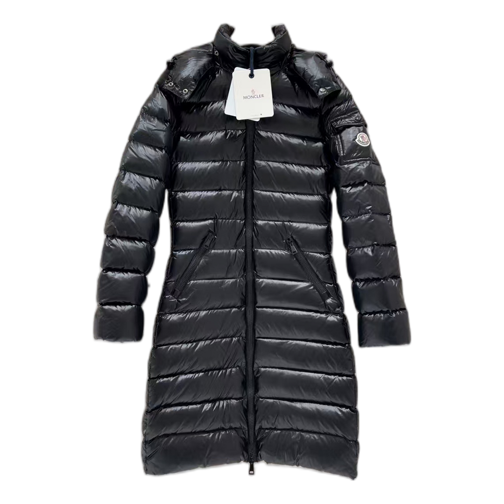Moncler Narrow-Quilt Fur-Trim Hooded Long Puffer Coat – Black, Premium Down