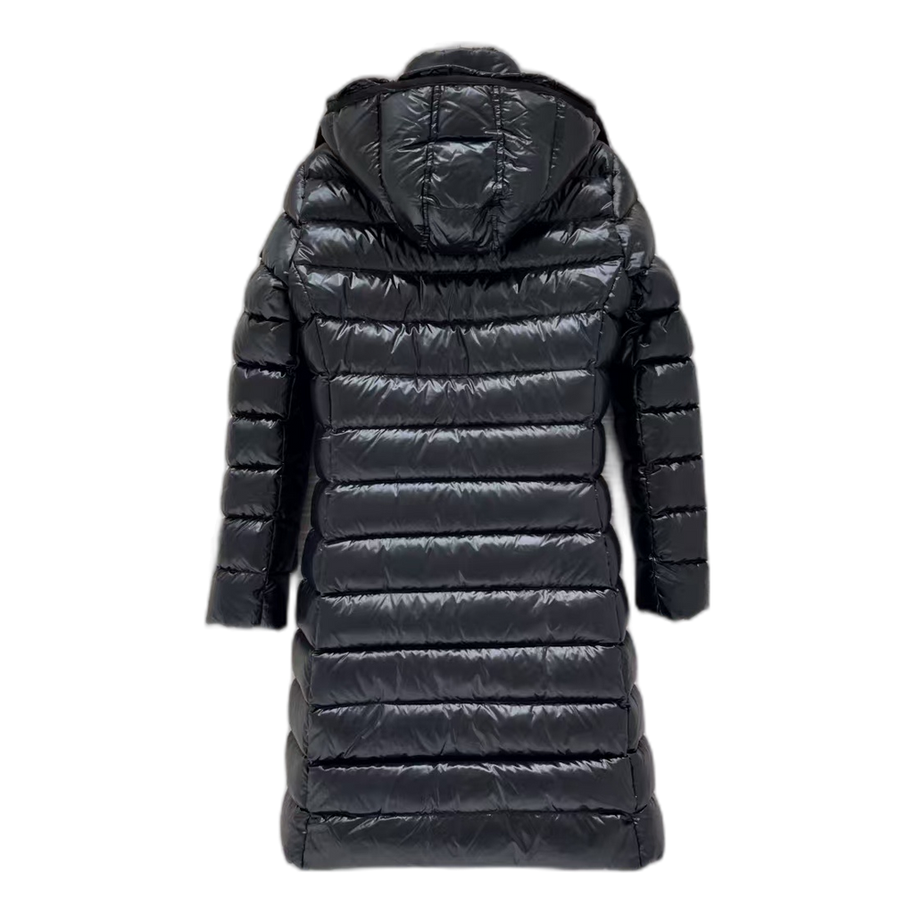 Moncler Narrow-Quilt Fur-Trim Hooded Long Puffer Coat – Black, Premium Down
