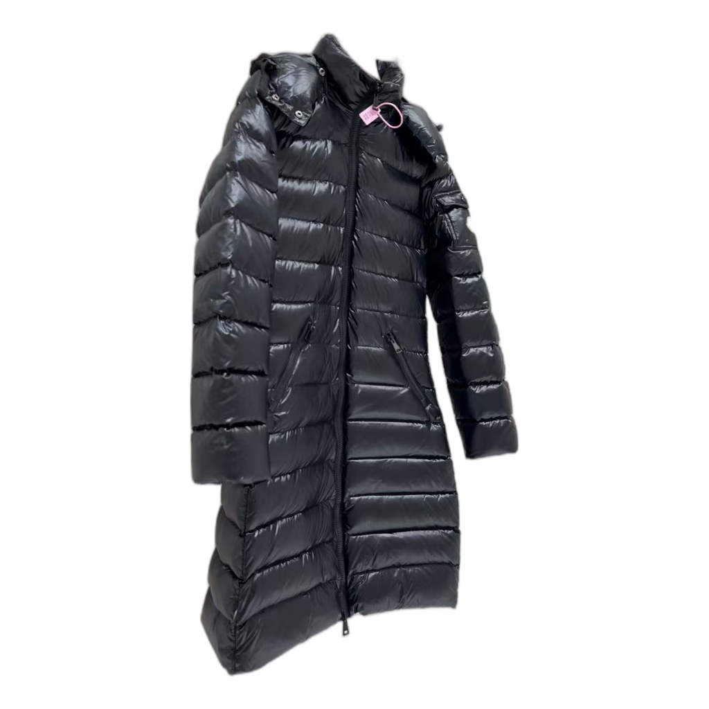 Moncler Narrow-Quilt Fur-Trim Hooded Long Puffer Coat – Black, Premium Down