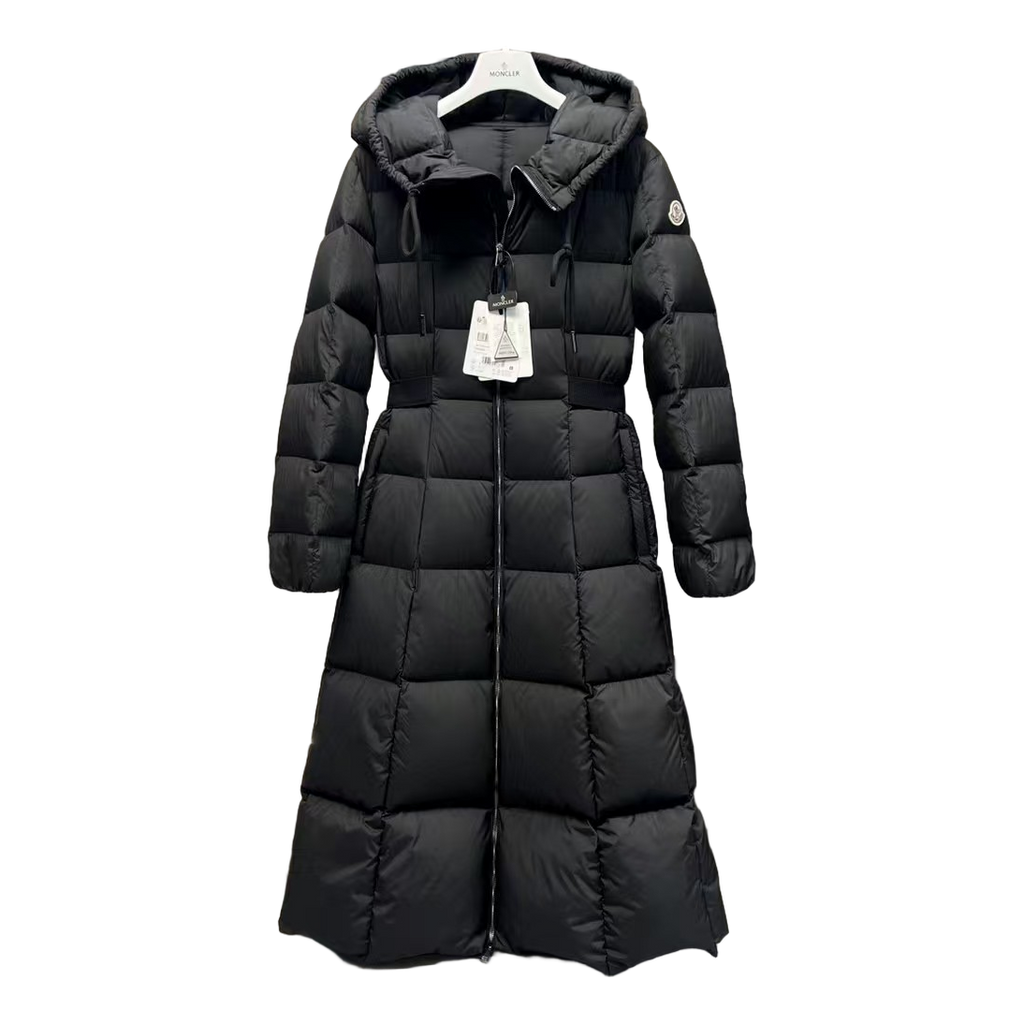 Moncler Fitted Long Hooded Puffer Coat – Black, Tailored Elegance
