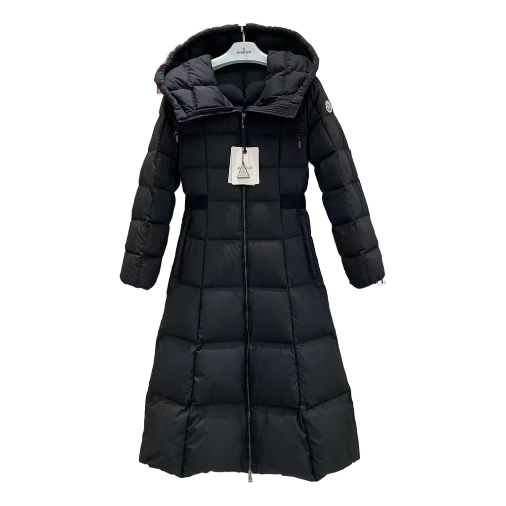 Moncler Fitted Long Hooded Puffer Coat – Black, Tailored Elegance