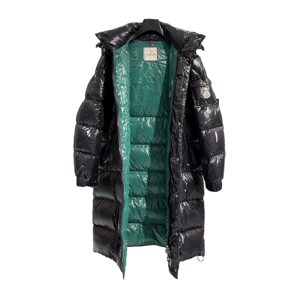 Moncler Hanoverian Glossy Hooded Long Puffer Coat – High-Shine, Premium Down