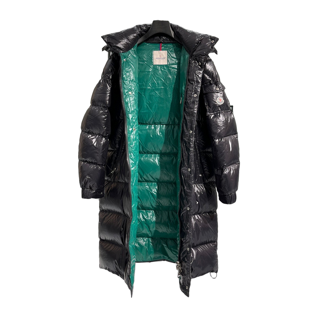 Moncler Hanoverian Glossy Hooded Long Puffer Coat – High-Shine, Premium Down