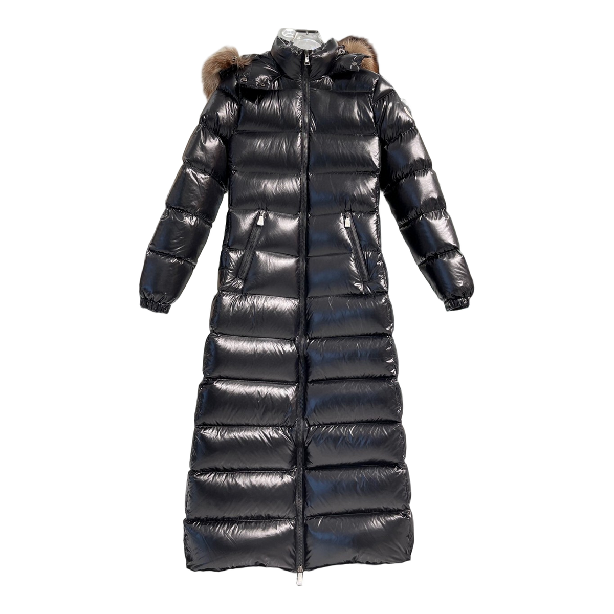 Moncler Glossy Fur-Trim Hooded Long Puffer Coat – Premium Down, Opulent
