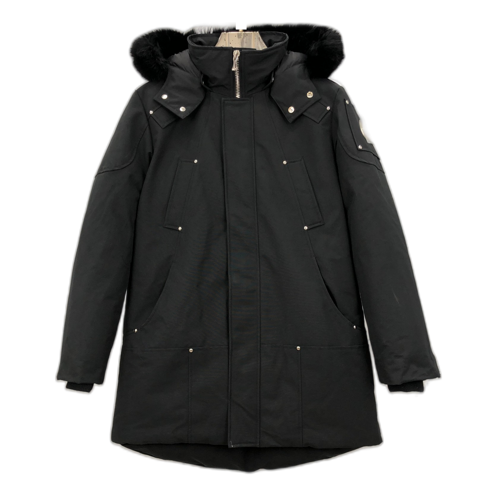 Moose Knuckles Curved-Hem Fur-Trim Hooded Parka – Black, Coyote Fur, Canadian Down