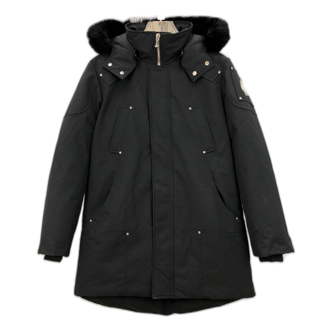 Moose Knuckles Curved-Hem Fur-Trim Hooded Parka – Black, Coyote Fur, Canadian Down