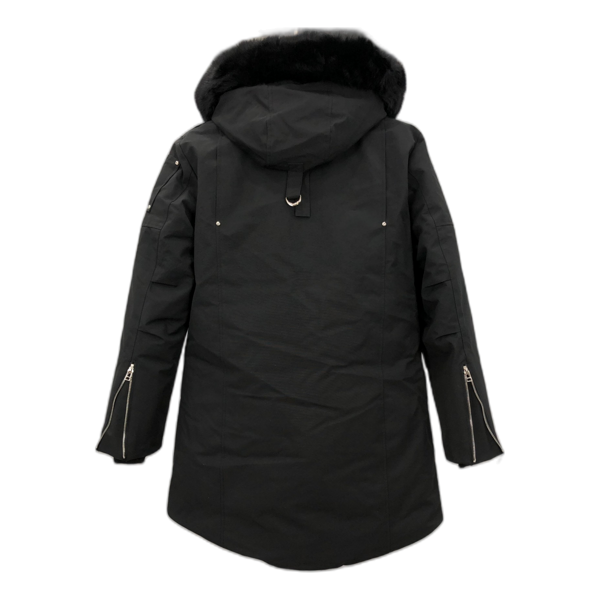 Moose Knuckles Curved-Hem Fur-Trim Hooded Parka – Black, Coyote Fur, Canadian Down