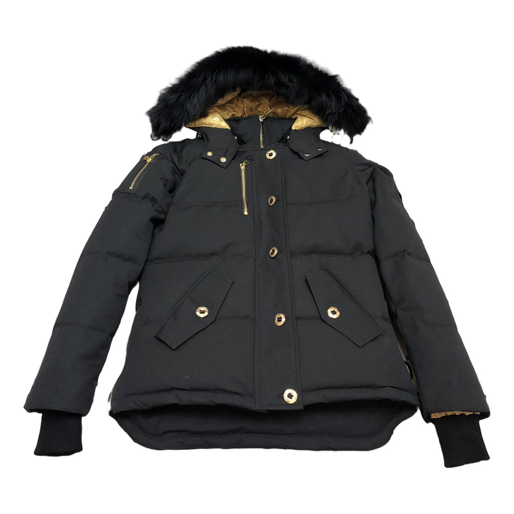 Moose Knuckles Gold 3Q Hooded Puffer – Coyote Fur, Gold Hardware, Black