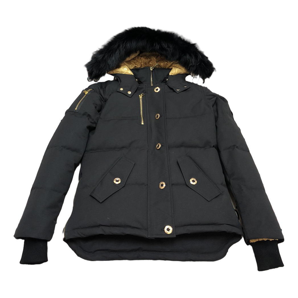 Moose Knuckles Gold 3Q Hooded Puffer – Coyote Fur, Gold Hardware, Black