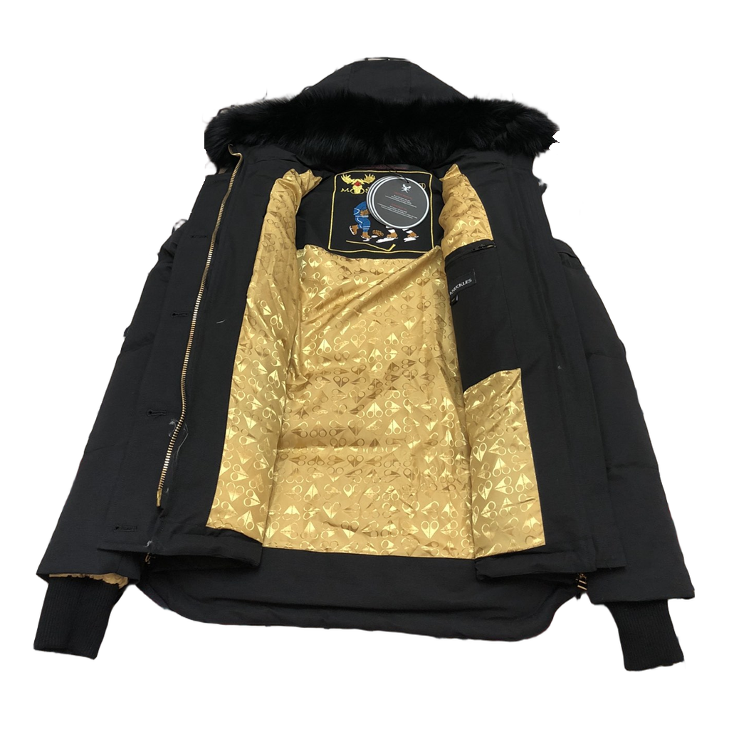 Moose Knuckles Gold 3Q Hooded Puffer – Coyote Fur, Gold Hardware, Black