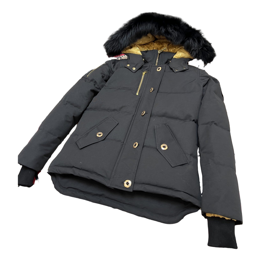 Moose Knuckles Gold 3Q Hooded Puffer – Coyote Fur, Gold Hardware, Black