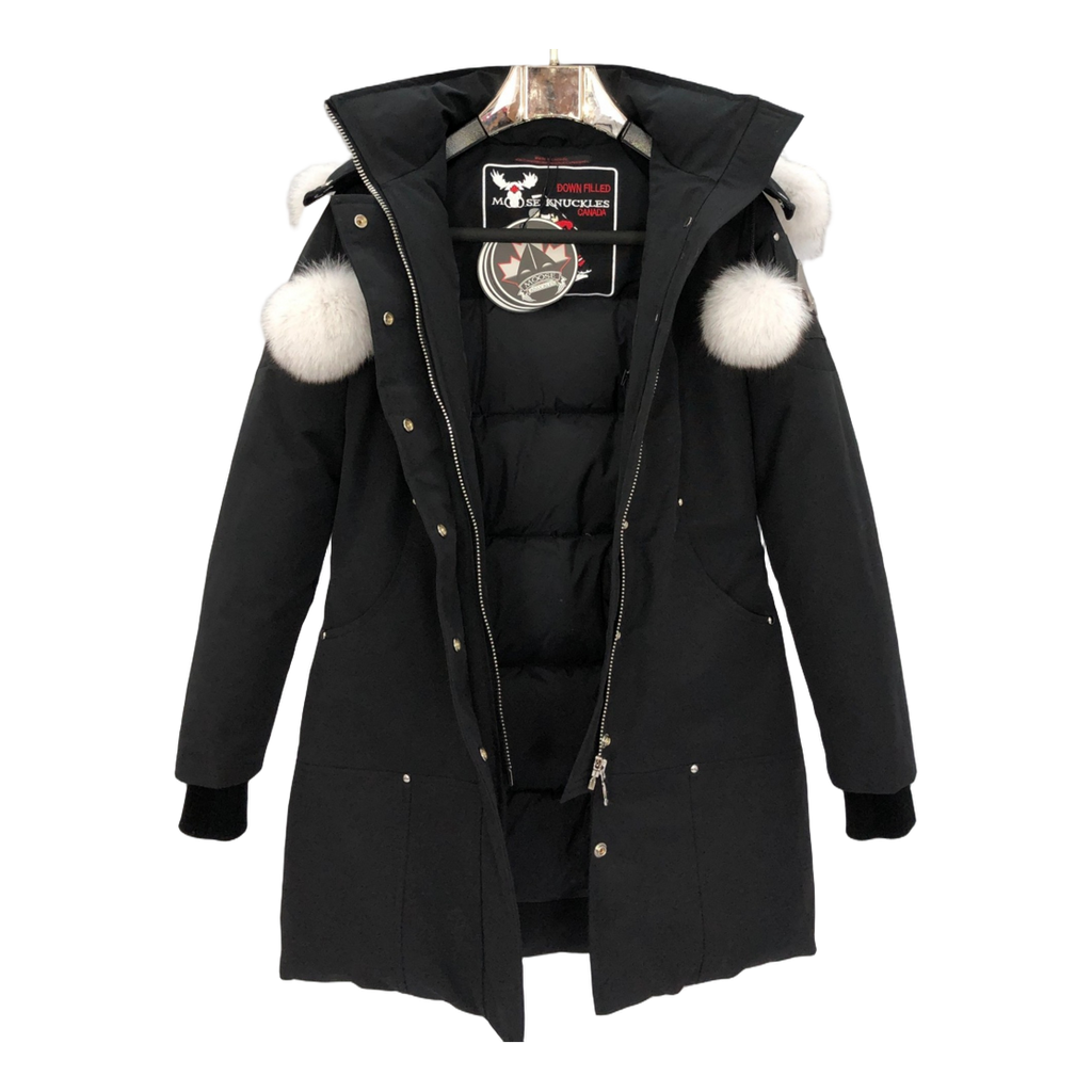 Moose Knuckles Stirling Parka – White Fur, Pom-Pom – Extreme Cold Parka