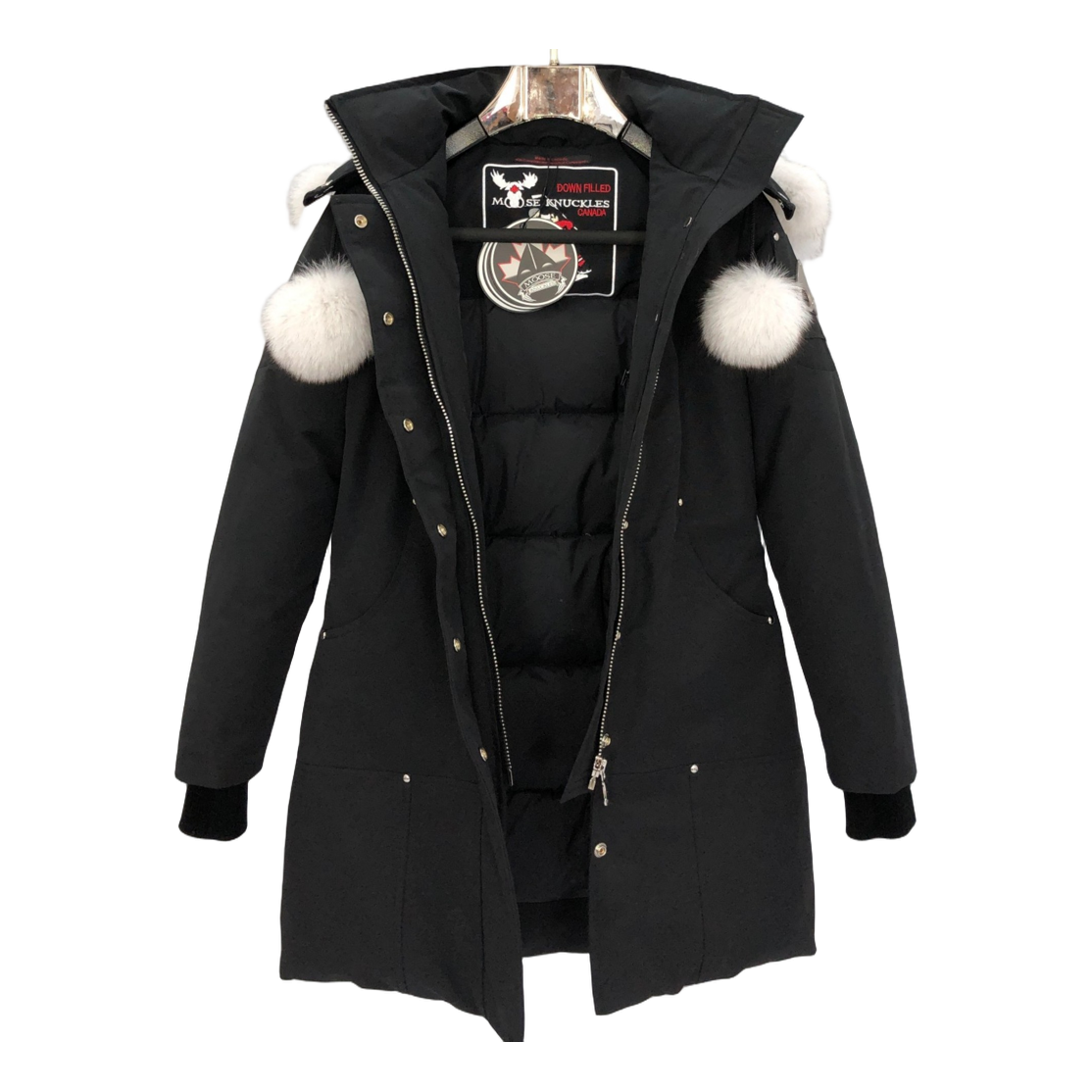 Moose Knuckles Stirling Parka – White Fur, Pom-Pom – Extreme Cold Parka