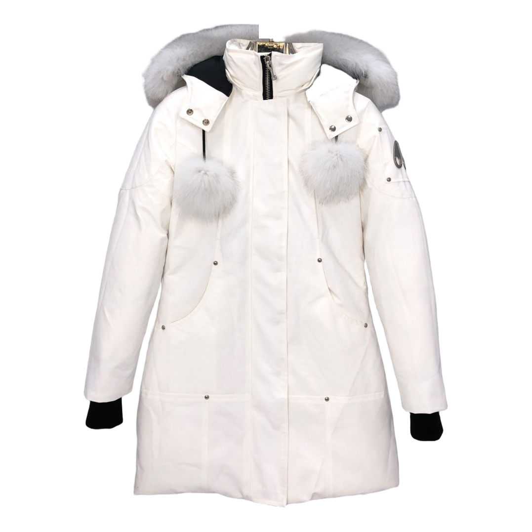 Moose Knuckles Stirling Parka – White Fur Trim, Pom-Pom, Canadian Down