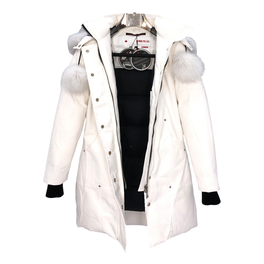 Moose Knuckles Stirling Parka – White Fur Trim, Pom-Pom, Canadian Down