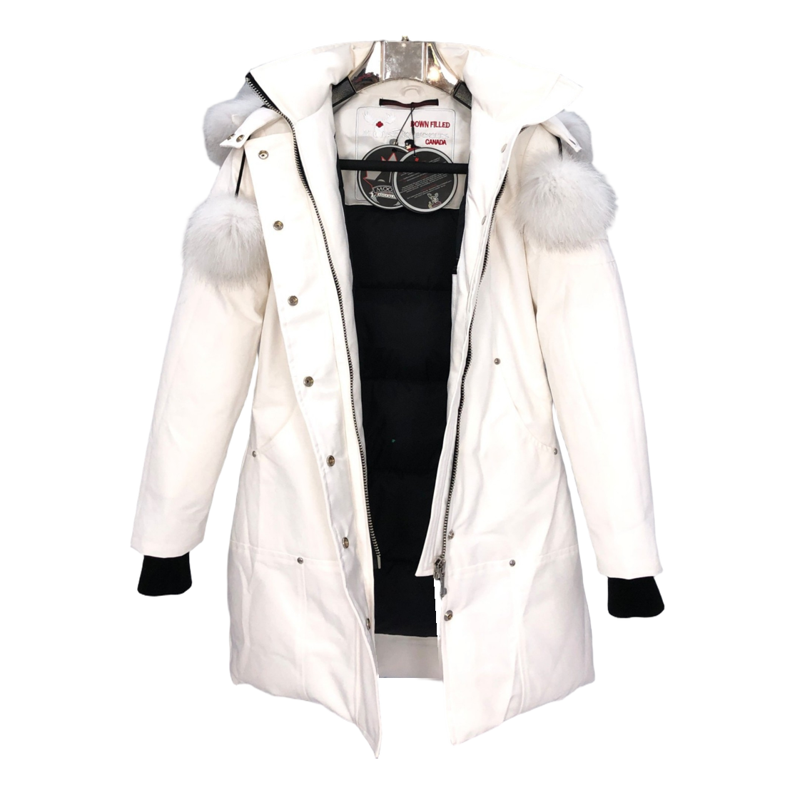 Moose Knuckles Stirling Parka – White Fur Trim, Pom-Pom, Canadian Down