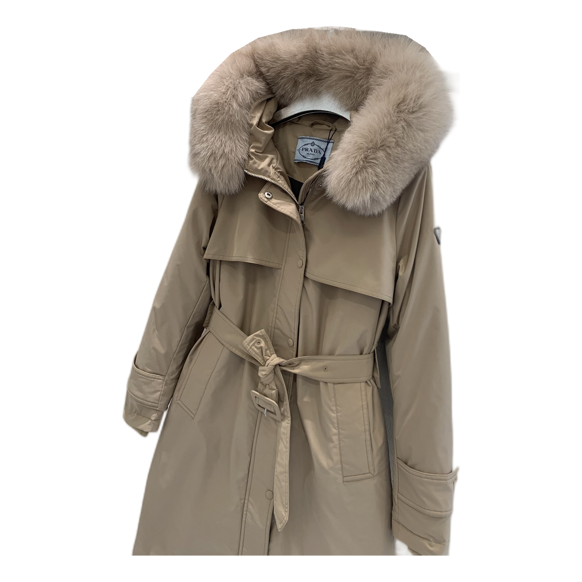 Prada Belted Fur-Trim Hooded Coat – Beige