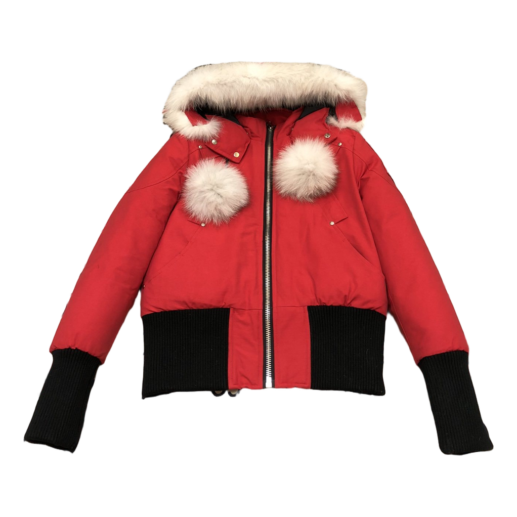 Moose Knuckles Debbie Pom-Pom Hooded Bomber – Red, Canadian Down
