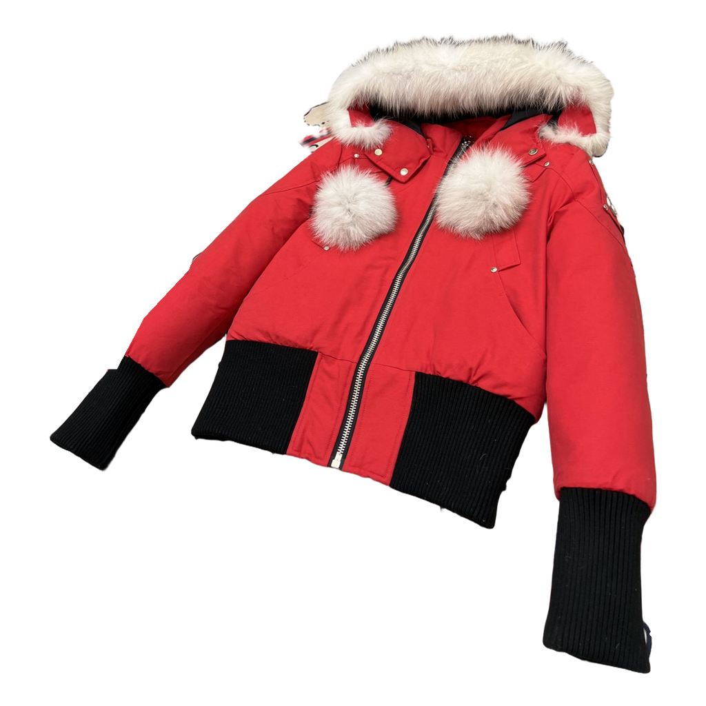 Moose Knuckles Debbie Pom-Pom Hooded Bomber – Red, Canadian Down