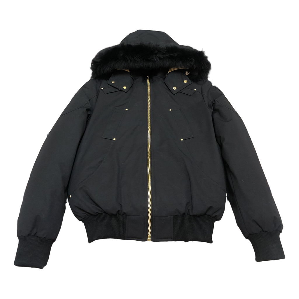 Moose Knuckles Gold Ballistic Bomber – Coyote Fur, Gold Hardware, Black