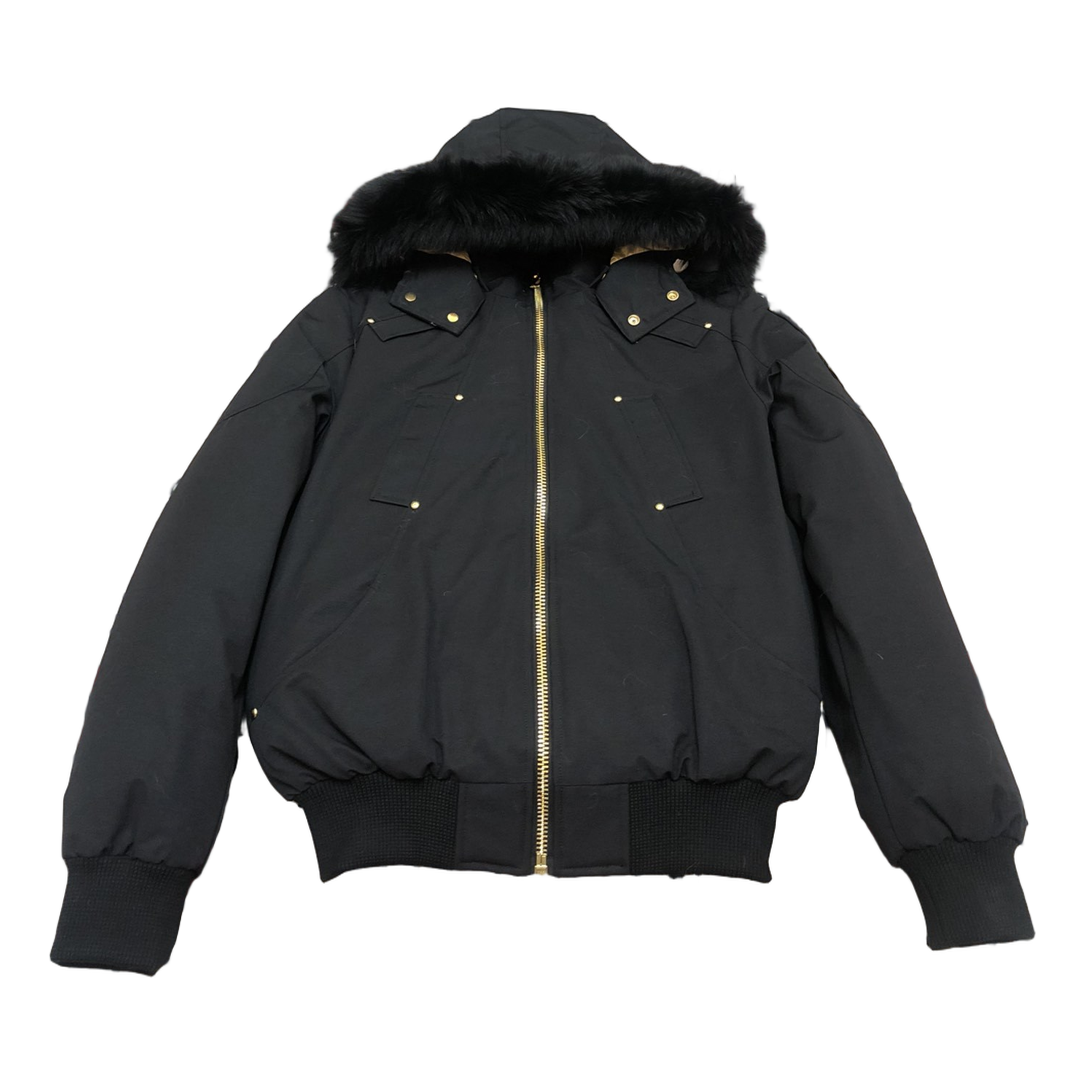 Moose Knuckles Gold Ballistic Bomber – Coyote Fur, Gold Hardware, Black